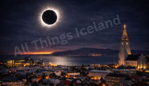 All Things Iceland image of the total solar eclipse in Iceland (not the actual one but a rendering)