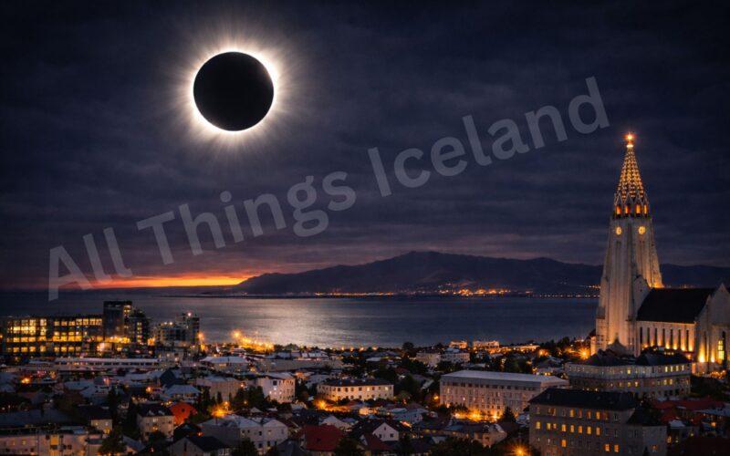 All Things Iceland image of the total solar eclipse in Iceland (not the actual one but a rendering)